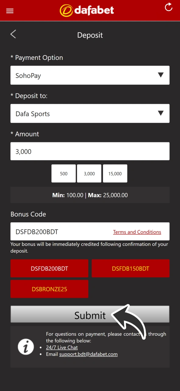 Finish deposit to activate bonus for your Dafabet account.