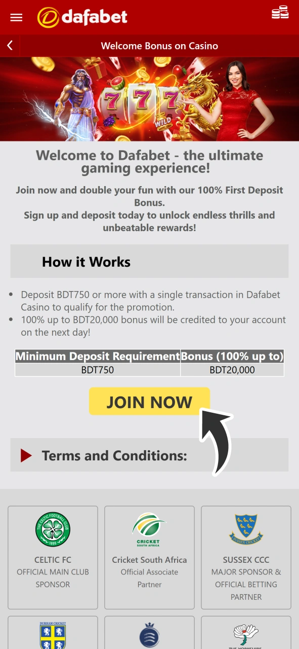 Read terms to claim welcome casino bonus from Dafabet.
