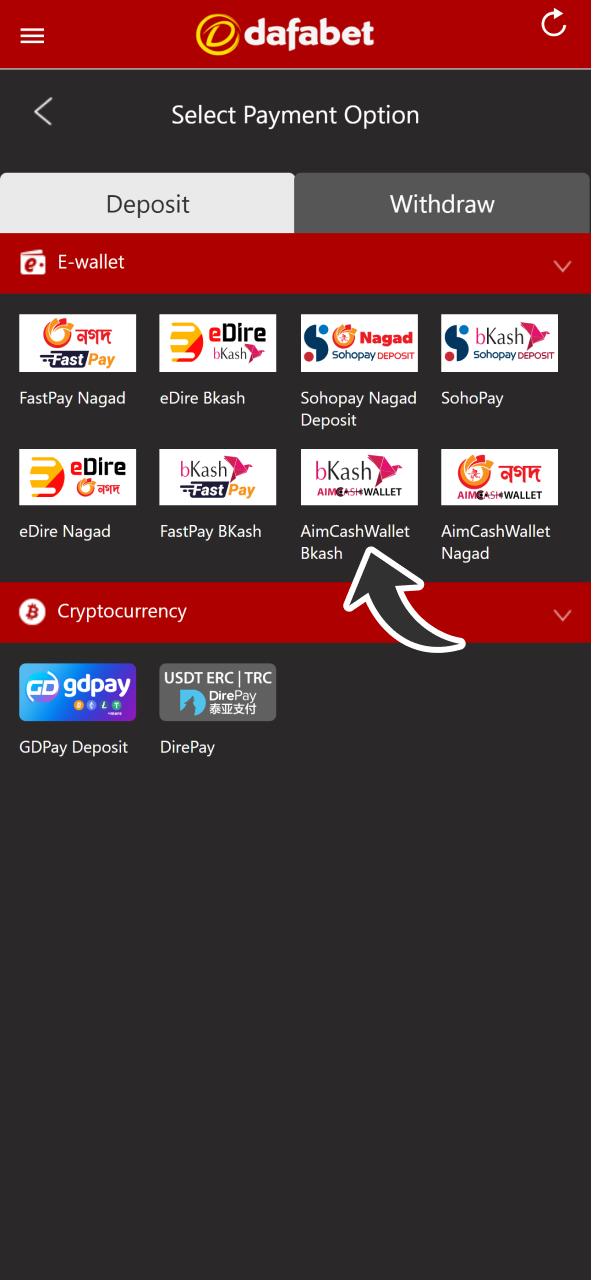 Deposit funds for your casino gaming session at Dafabet.