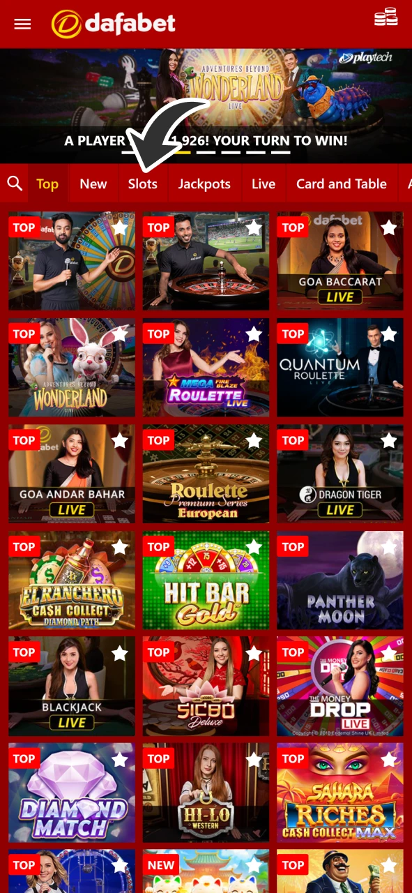 Select category and game at Dafabet casino page and start winning.