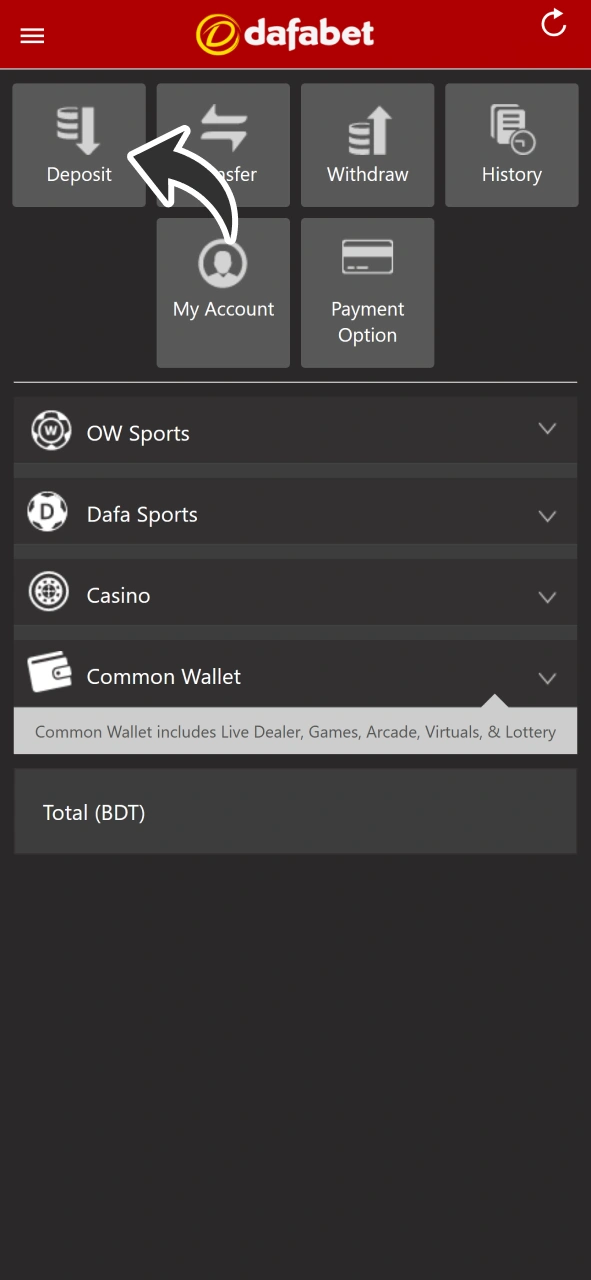 Select deposit button at the Dafabet cashier page.
