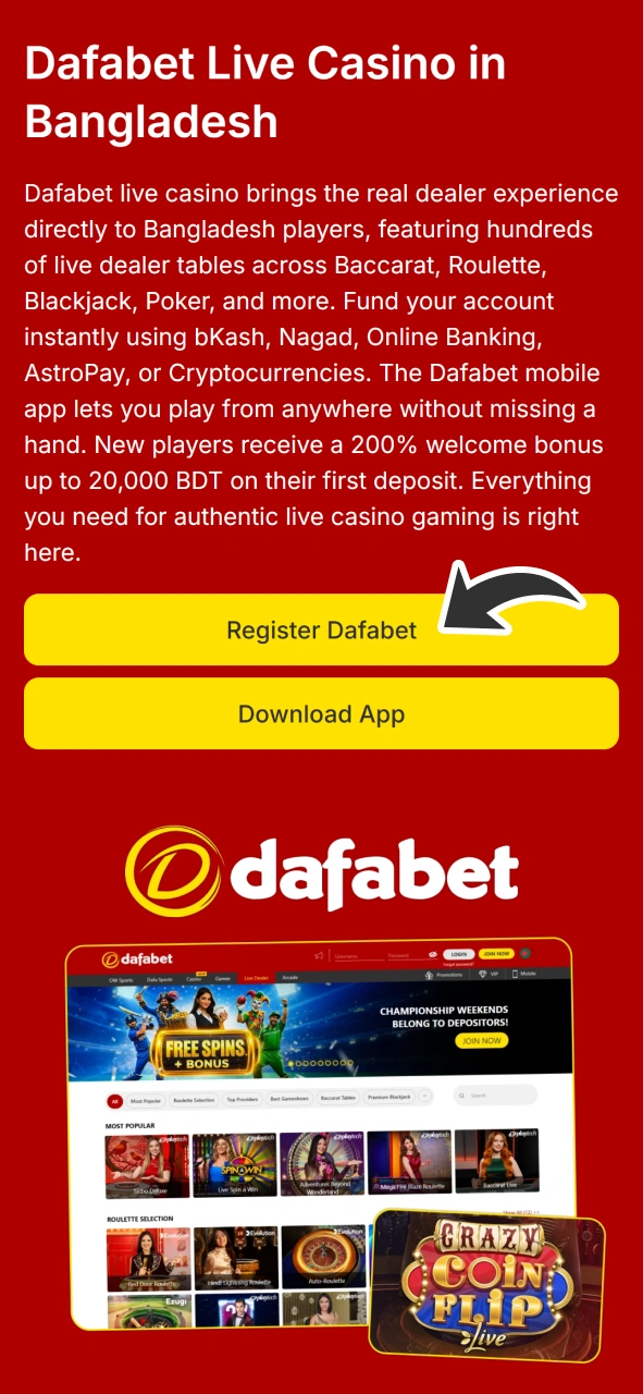 Go to Dafabet registration page to start playing live casino.
