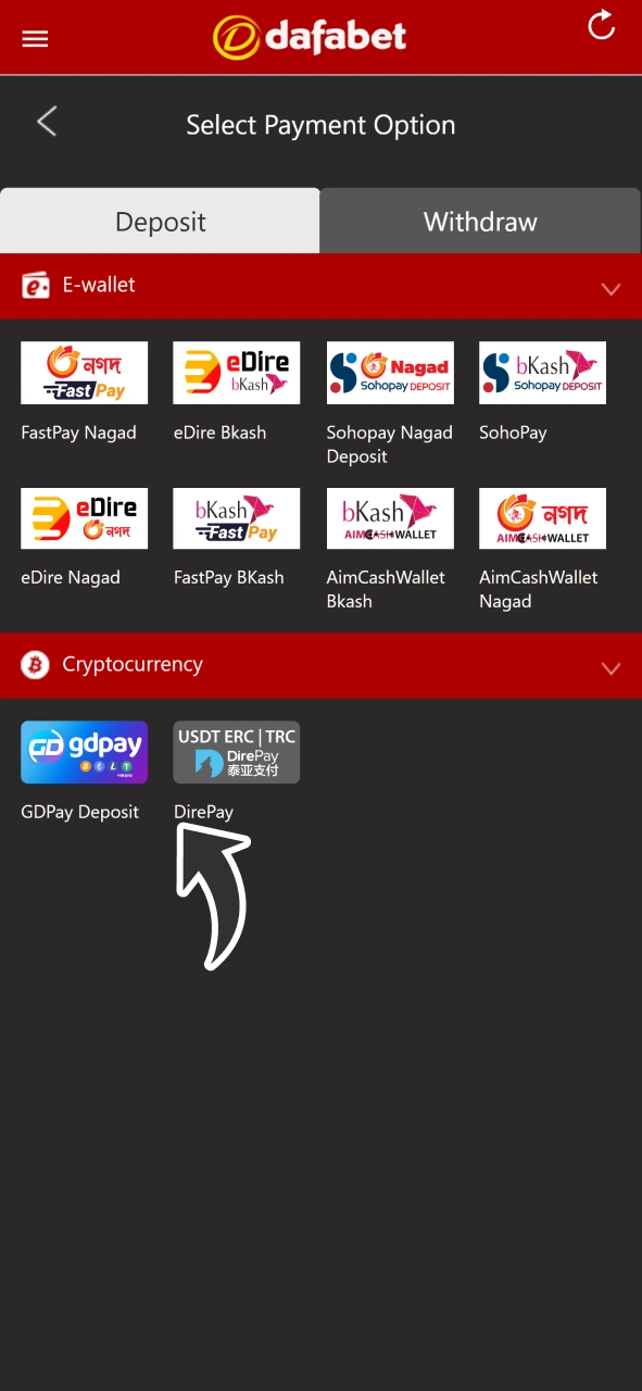 Deposit for your live casino gaming sessions at Dafabet.