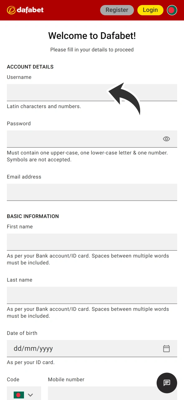 Type in your personal details to join Dafabet casino.