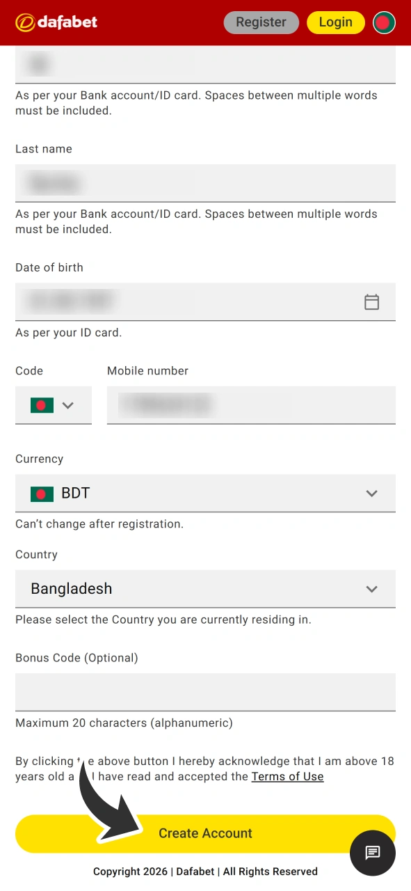 Complete registration form to create Dafabet account.