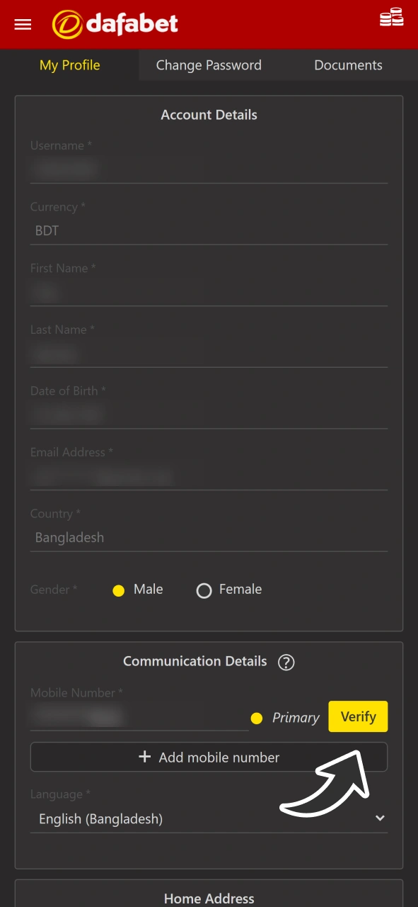 Verify your email and phone number after creating your Dafabet profile.