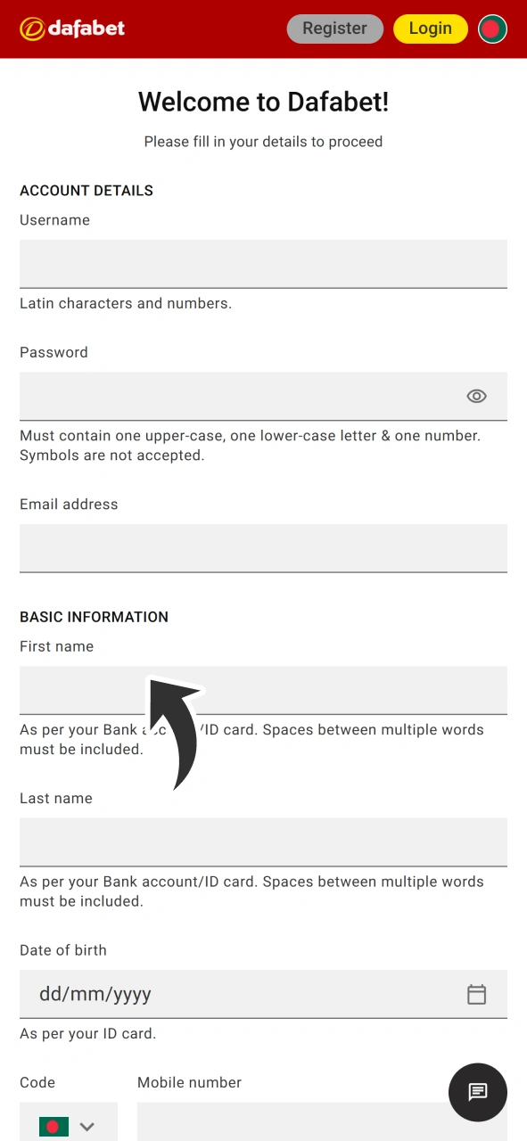 Type in your persinal information in opened Dafabet registration form.