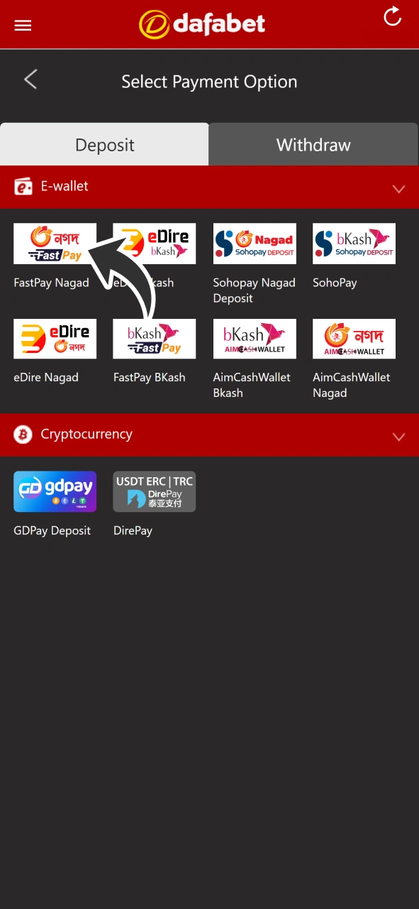 Make a deposit after registration to start betting at Dafabet.