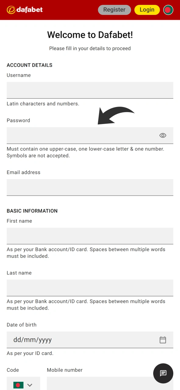 Write username and password for your future Dafabet account.