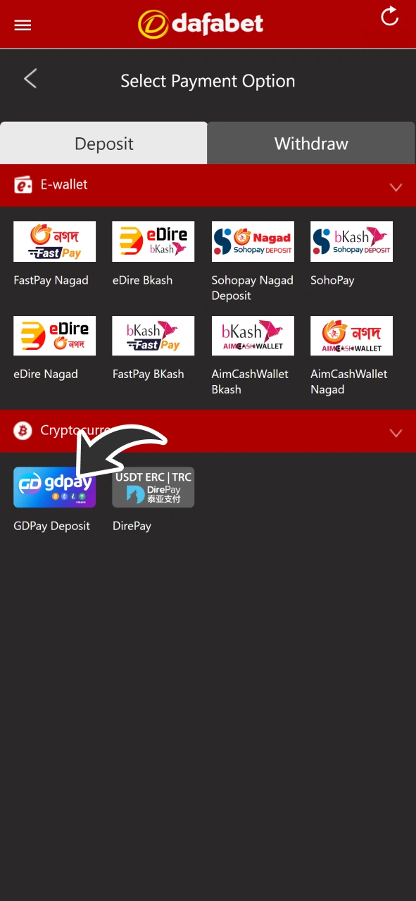 Make a deposit for your future slots gaming session at Dafabet casino.