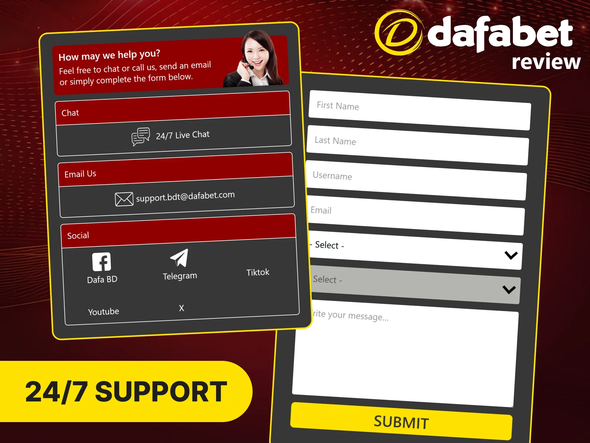 Contact support team any method you prefer with Dafabet app.